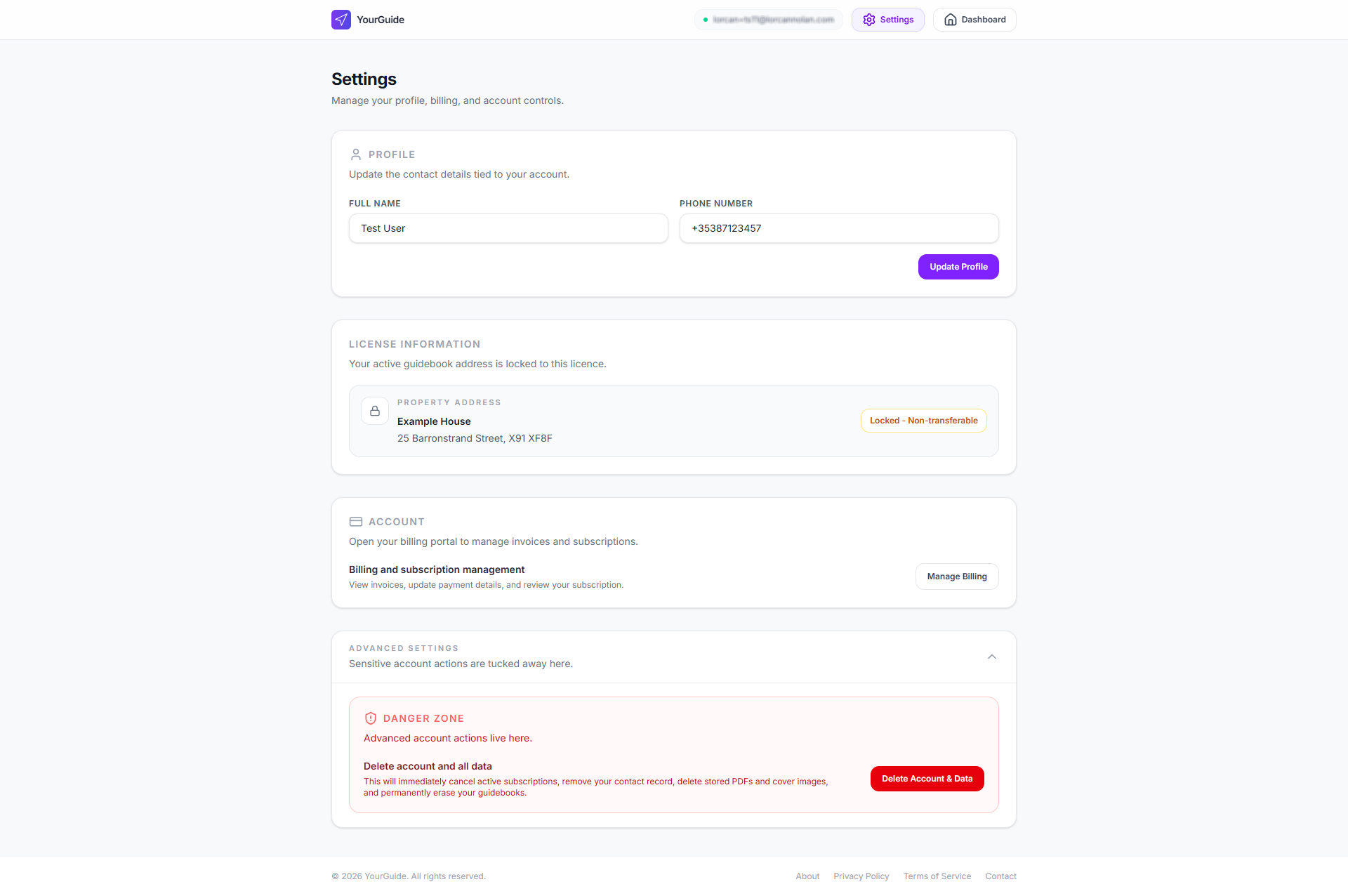 Account settings view
